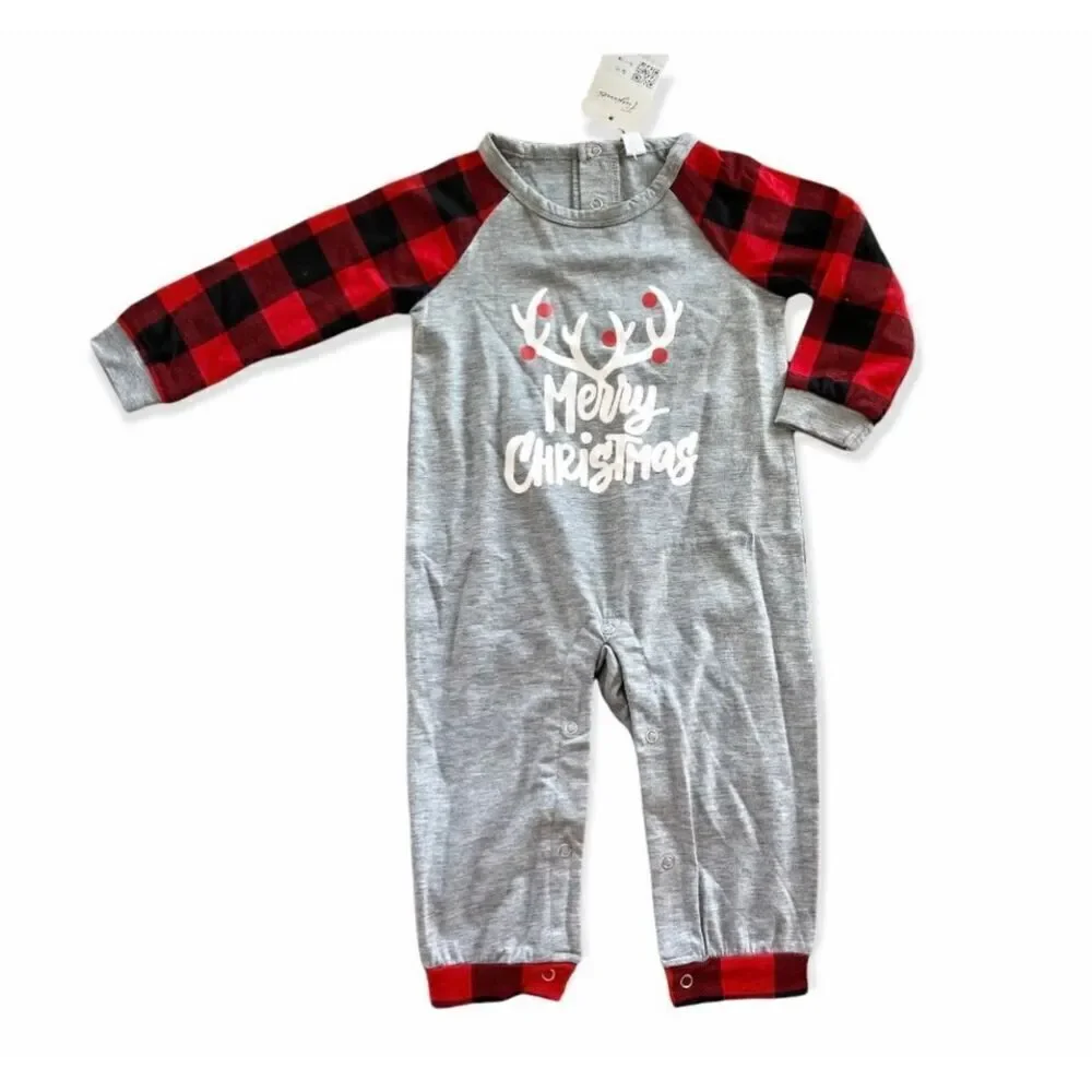NWT Unisex Baby Fuyimei Buffalo Plaid Merry Christmas Coverall Romper Sz 9-12 mo
